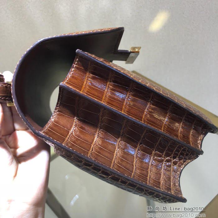 HERMES愛馬仕 康康18cm alligator crocodile 美洲鱷 頂級工藝 蠟線手縫 蜜糖棕 金扣  Ama1517